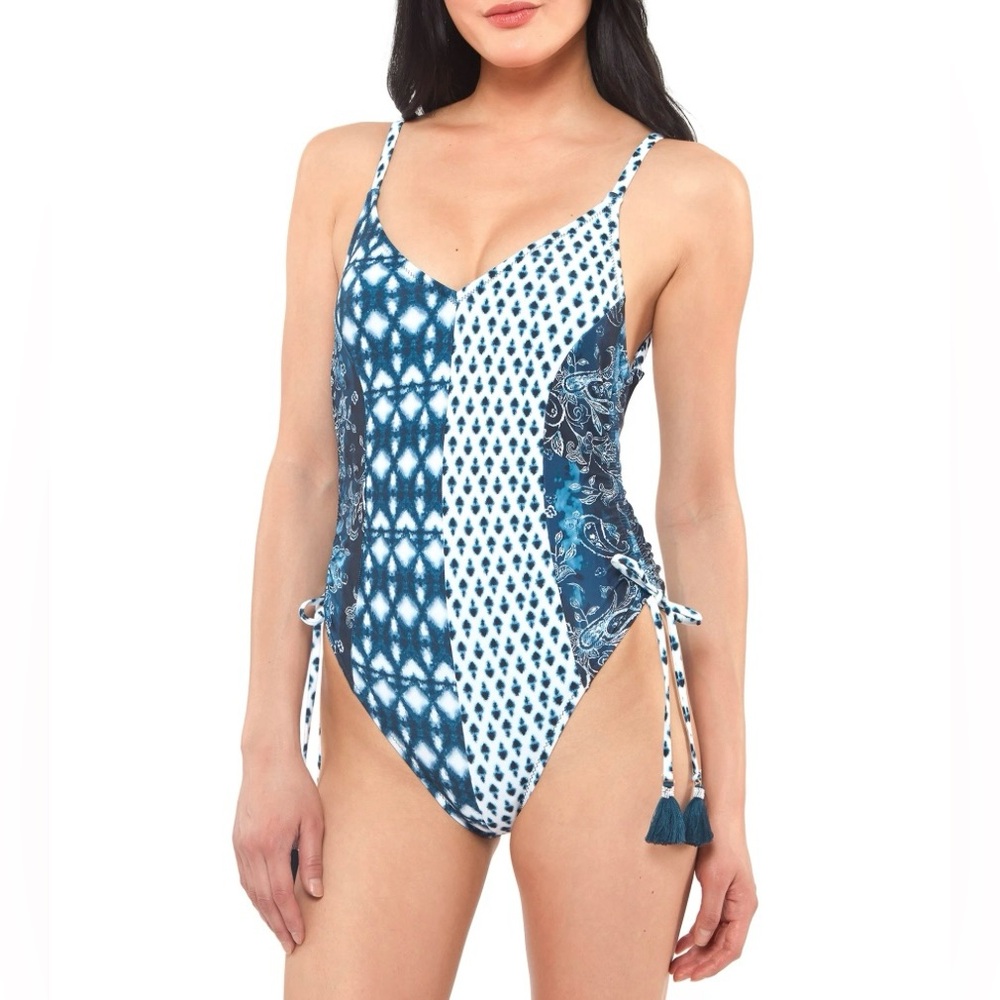 Jessica Simpson Contemporary Batik Babe V Neck Maillot Swimsuit Women’s Sz M NWT